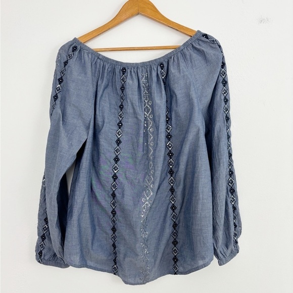 Chico’s 100% Cotton Chambray Embroidered Sequins Coastal Long Sleeves Size 2 - Picture 7 of 16